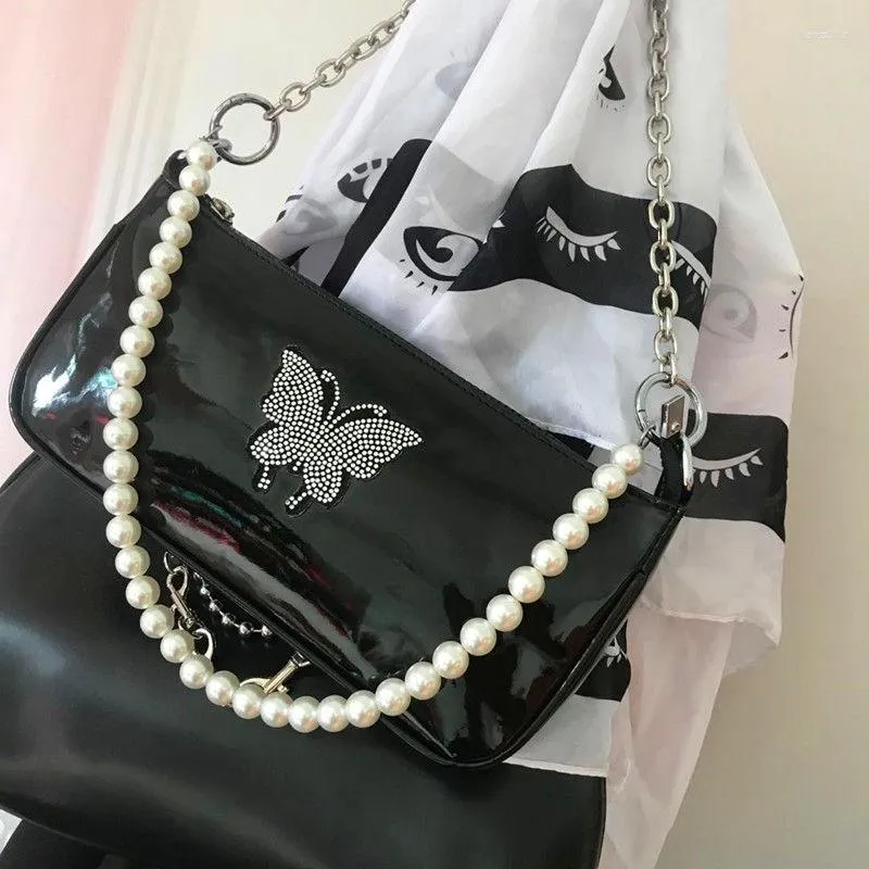 Avondtassen mode diamant vlinder handtas voor dames lederen kralen ketting dames schouder vintage meisjes portemonnee onderarm tas