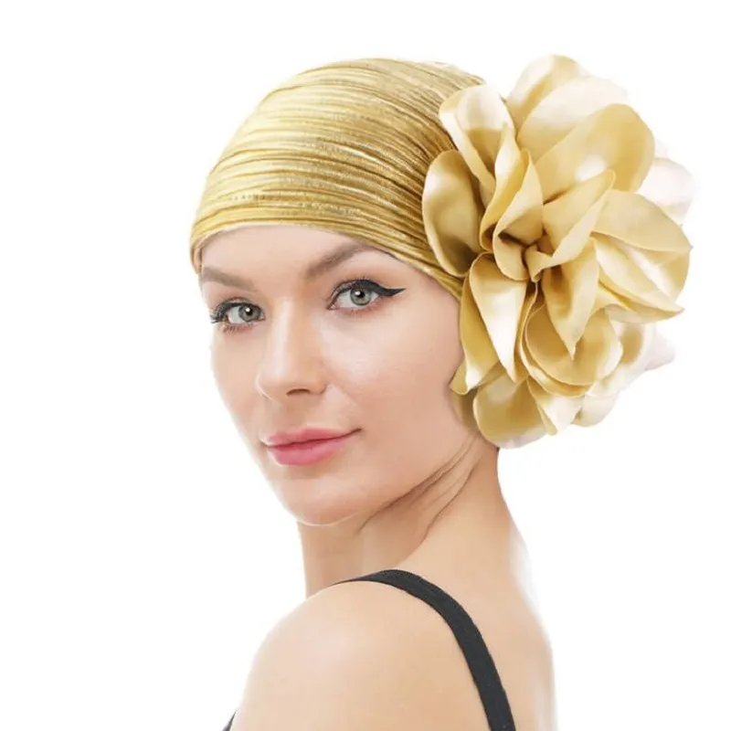 Nieuwe vrouwen grote bloem tulband hijab motorkap moslim hoed elastische chemo beanie haarbands Arab wrap haarverlies sjaalkap turbante mujer