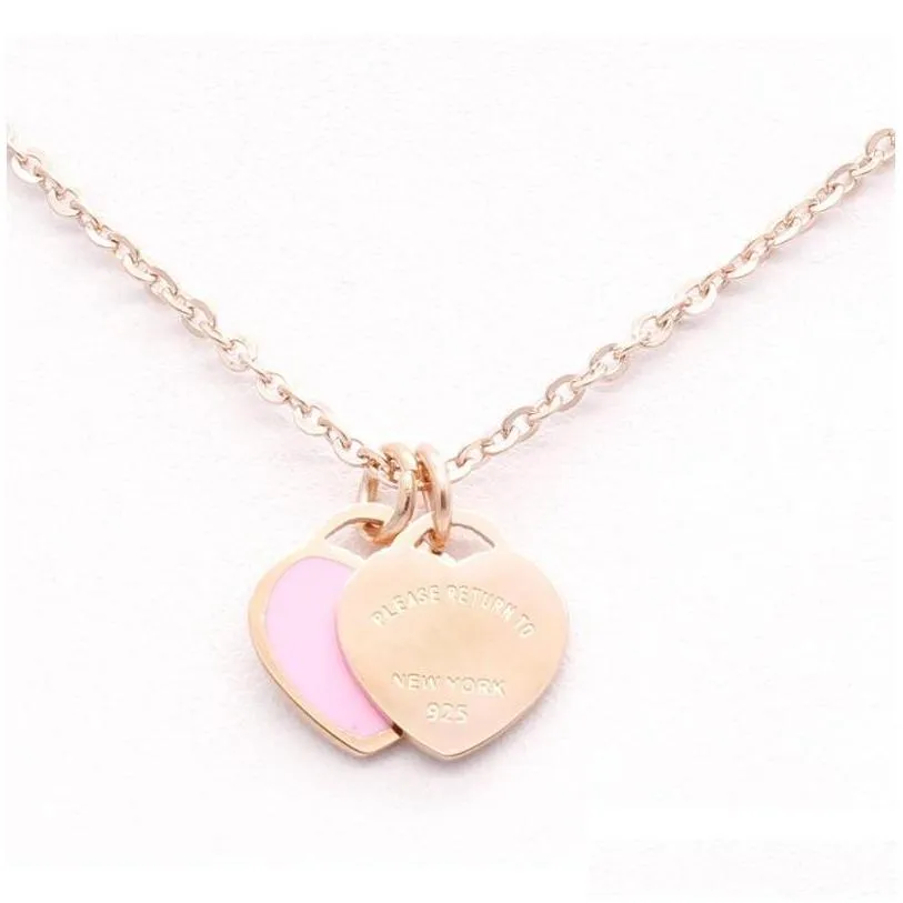 design brand heart love necklace for women stainless steel accessories zircon green pink women jewelry gift