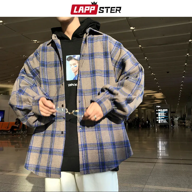 Camicie casual da uomo LAPPSTER Uomo Harajuku Camicia a quadri color block Uomo Streetwear Pile Manica lunga Uomo Vintage Coreano Moda Abbigliamento 230214