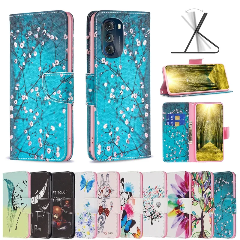 Print Butterfly Flower Leather Wallet Cases For Samsung A04E A34 A54 5G Moto G13 G23 4G G53 5G G73 G 5G 2023 Sunflower Feather Animal ID Card Slot Holder Flip Cover Purse