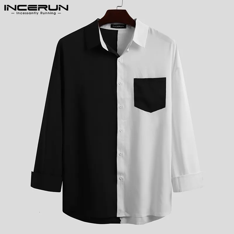 Camicie casual da uomo INCERUN Camicia da uomo di marca Patchwork Manica lunga Risvolto Bottone Camisa Masculina Streetwear Moda Coreana Top 230214