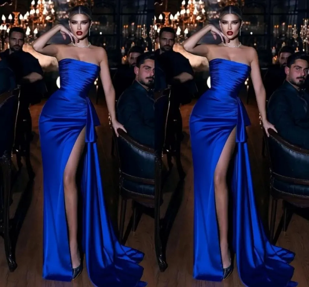 Sexy Abendkleider Royal Blue Mermaid trägerloser Falten mit hohen Oberschenkel -Splitter Rüschen Lange Frauen Prom Formal Kleider Robe de Soiree 2023 Neu