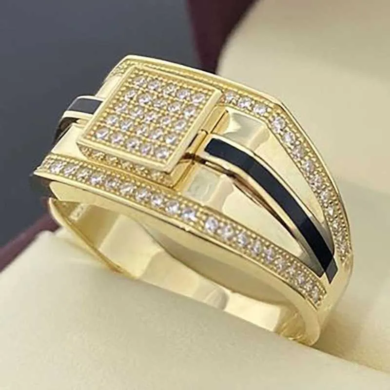 Band Rings Business Mens Gold Colors Inlaid Zircon Stones Ringos de casamento para homens Noble temperamento noivo Jóias G230213 WW