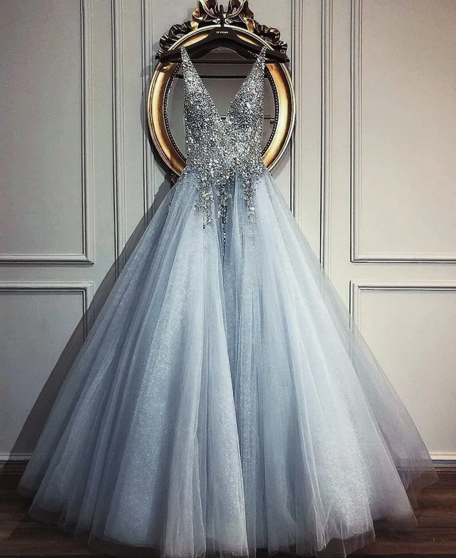 Nuovo abito da sera di lusso Una linea con scollo a V Paillettes con perline Tulle blu Abiti da cerimonia lunghi da ballo Robe de Soiree 2023 Abiti da festa