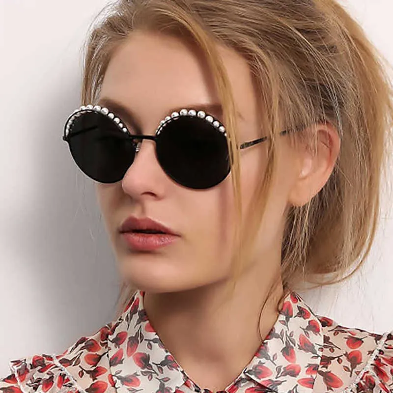 Солнцезащитные очки Qpeclou Vintage Round Sunglasses Women 2019 Luxury Brand Designer Жемчужные очки для женского зеркала Oculos Gafas G230214