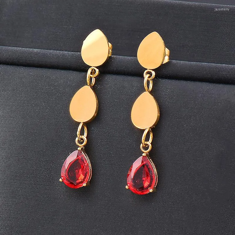 Dangle Earrings SINLEERY 316L Stainless Steel Three Waterdrops For Women Red Green Black Cubic Zirconia Gold Color Jewelry ES945 SSB