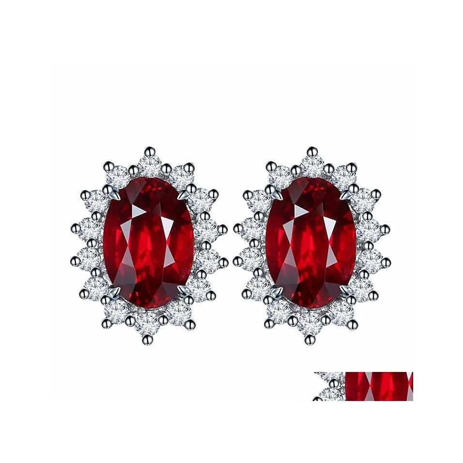 Charm Earrings For Women Ruby Stud Rose Gold Plated Red Sapphire Diamond Drop Delivery Jewelry Dhr7K