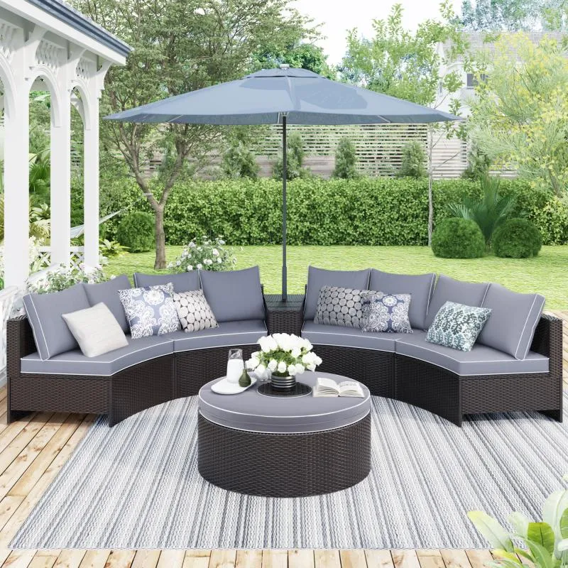 Outdoor PE Wicker Sectional Patio Rattan Sofa Set With Umbrella And Side Table Brown Gray From Yundon 10 020.86 DHgate.Com