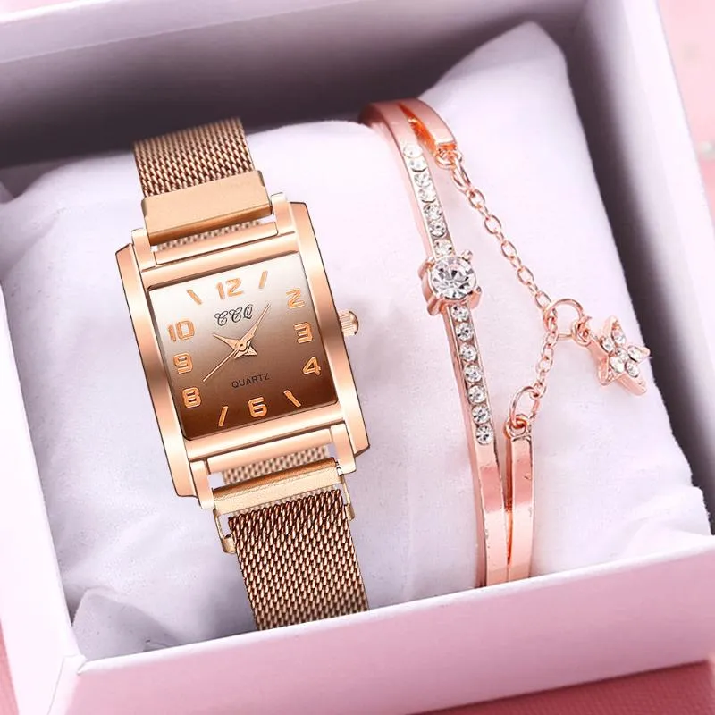 Relojes de pulsera para mujer, relojes de cuarzo con gradiente magnético, relojes de lujo para mujer, conjunto de pulsera con números árabes cuadrados, reloj femenino de regalo