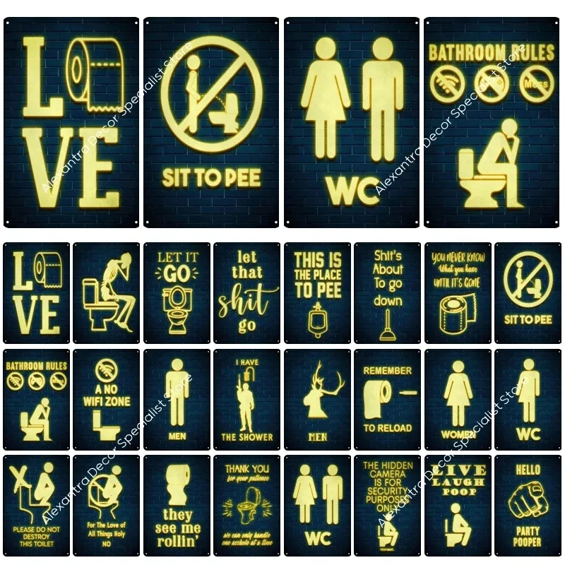 Neon Toilet Metal Painting Man Lady Funny Metal Tin Sign WC Lavatory Toilettes Wall Art Bathroom Restroom Toilet Wall Decoration 20cmx30cm Woo