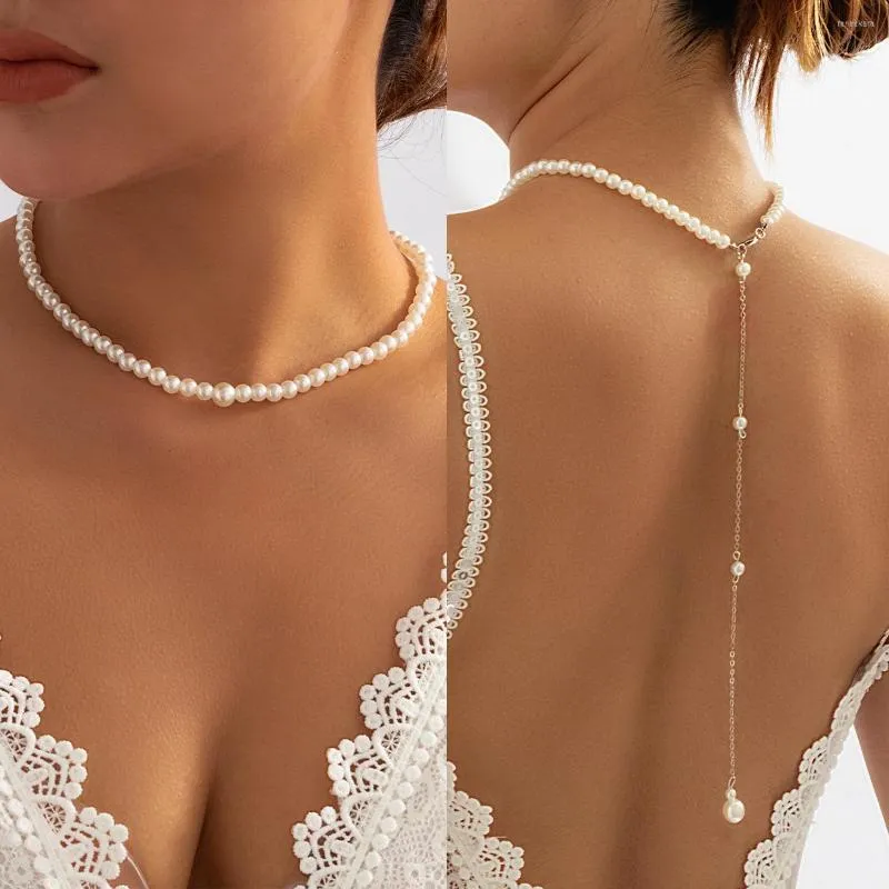 Chaînes Vintage Simple Couche Perle Perlée Clavicule Collier Femmes Sexy Dos Long Gland Pendentif Corps Bijoux D'été Robe Accessoires