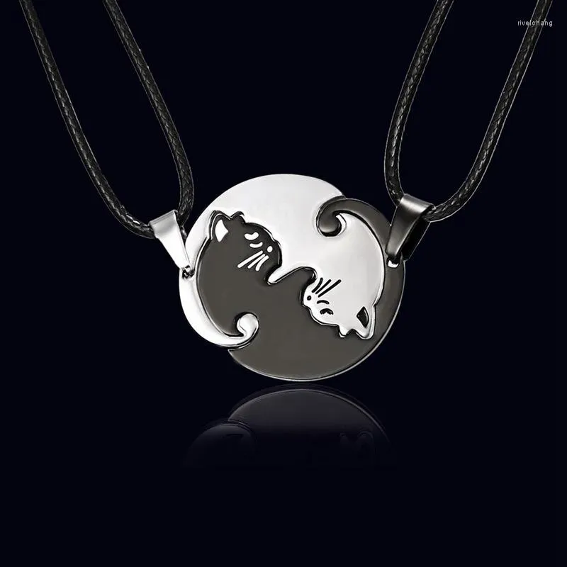 Pendentif Colliers 1PC Collier en acier inoxydable Chaîne Ensemble Tai Chi Noir Blanc Chaton Câlin Rond Couple Couture Bijoux LYY9140