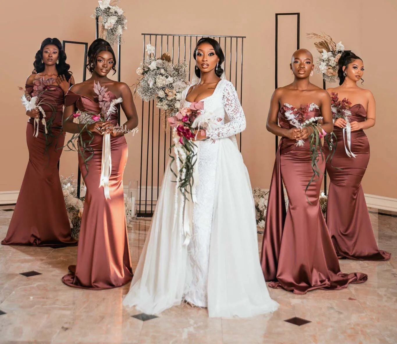 Off-Shoulder Mermaid rust satin bridesmaid dresses in Crystal Black for Wedding Guests, Plus Size Maid of Honor, and Evening Parties