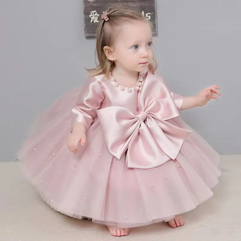 Lovely Pink Wedding Flower Girl Sheer Neck Ball Gown Kids Födelsedagsfestklänningar Beaded Bow Tie Toddler Pageant Wears First Commonion Dresses 403
