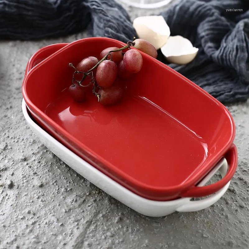 Plates Red White Ceramic Double Ear Baking Plate Rice Bowl Tableware Bread Dinner