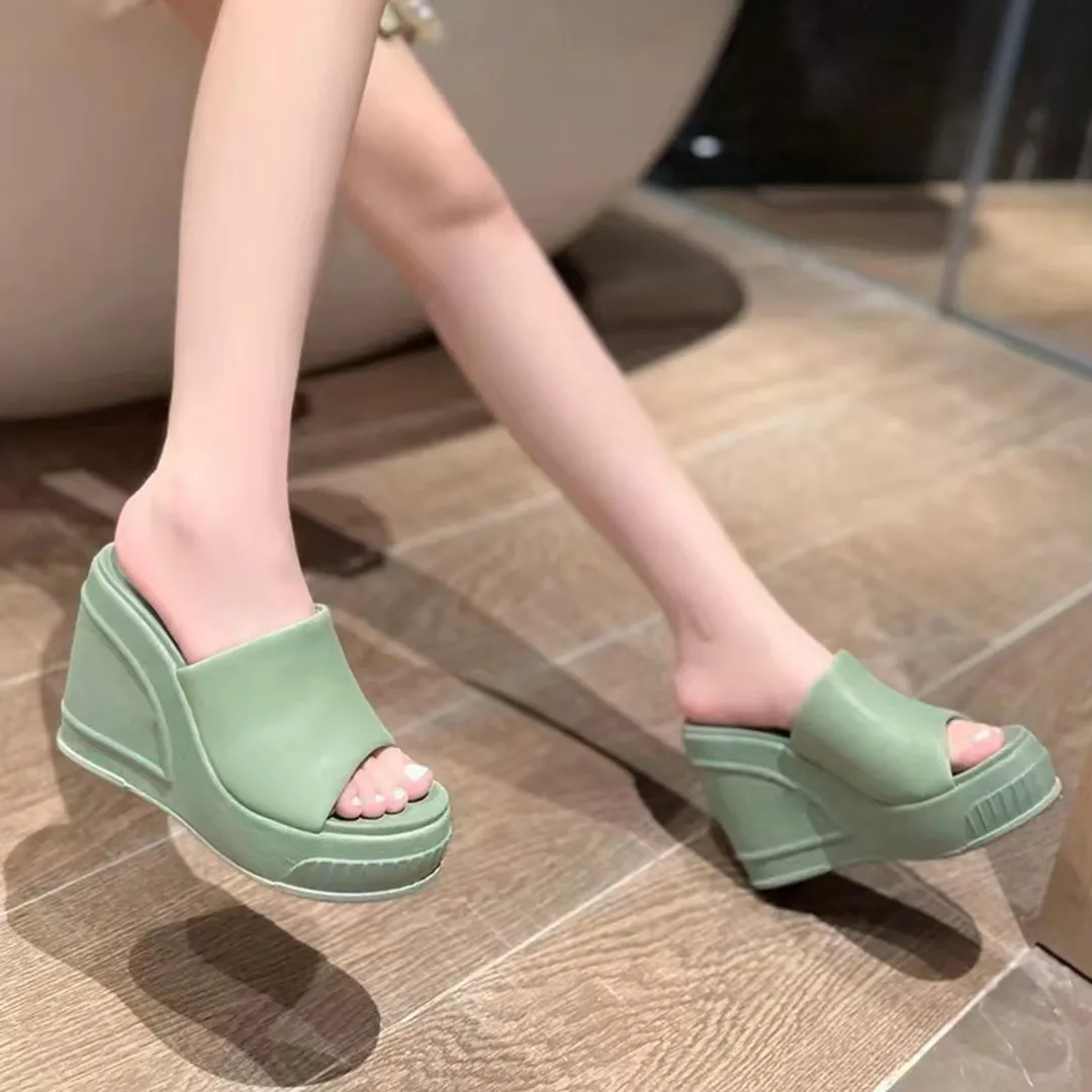 Cowhide slippers Latest fashion Muffin Slope heel sandals 8.5cm high heeled Genuine leather womens shoes 35-41 Comfortable slippers with thick soles