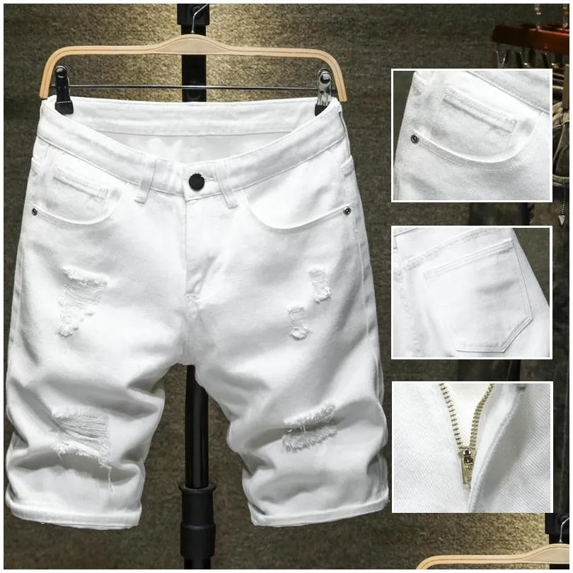 summer pure white black lightweight ripped denim shorts classic brand clothing young mens slim straight casual jeans