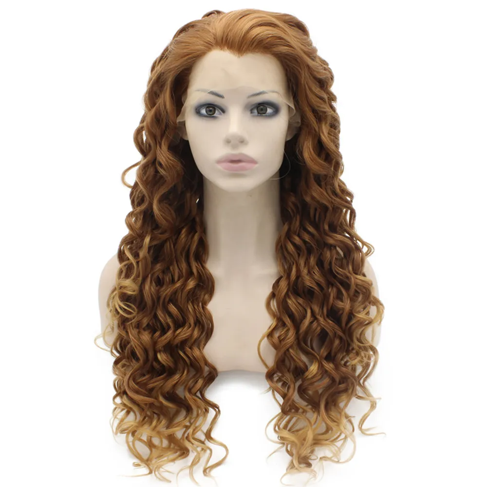 26 "extra lång auburn blond peruk värmevänlig syntetisk hår spets front lockigt peruk