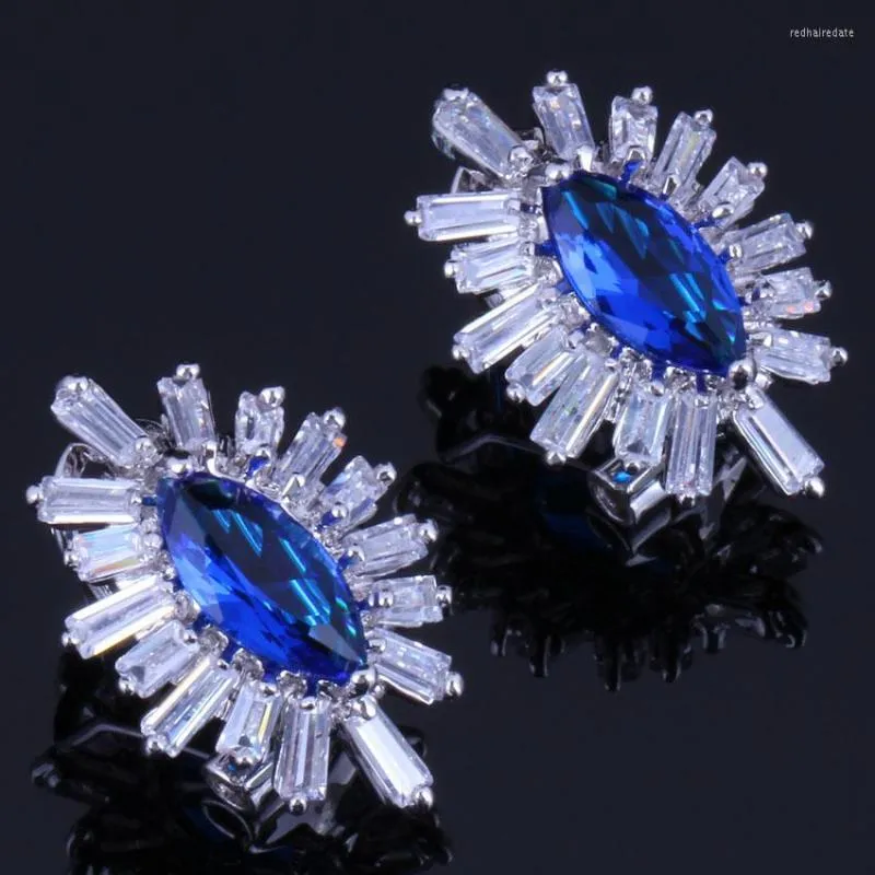 Backs Earrings Excellent Marquise Blue Cubic Zirconia White CZ Silver Plated Clip Hoop Huggie V0896