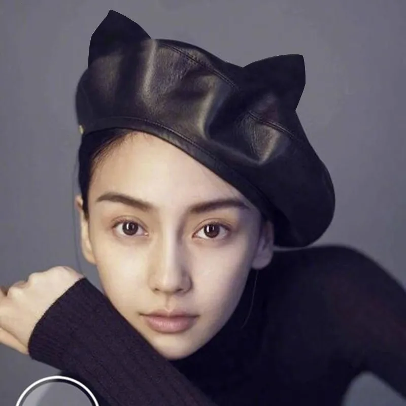 Beanieskull Caps Söta Instagram Casual mångsidiga kattöron Läder Basker Koreansk version av Budd Painters Hat 230215