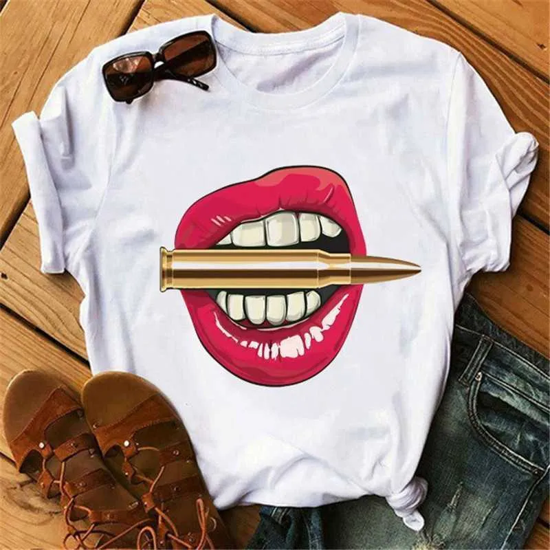 Plus Size 3xl 4xl Women Tops Mode T-Shirt Kurzarm Lose Lippen Druckkleidung 19 Farbe