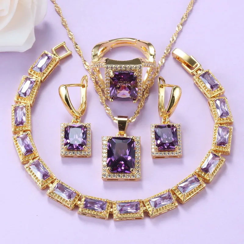 Set di gioielli da sposa Set di gioielli messicani Colore oro Matrimonio romantico Accessori da sposa Collana di cristalli viola e orecchini Set di bracciali 230215