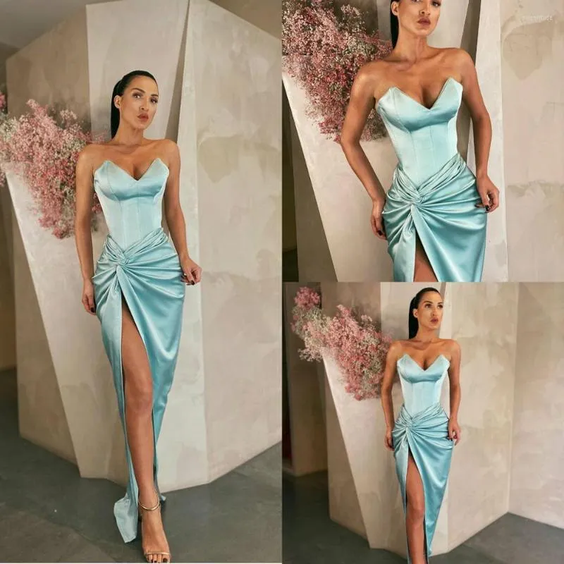 Feestjurken blauw sexy zeemeermin prom satin sweetheart high split ruches peplum avondjurk rode loper formele slijtage ogstuff gewaad