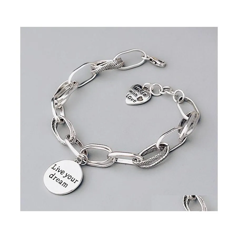 Bracciale a catena in argento sterling 925 con cuore d'amore retrò tailandese rotondo spesso vivi i tuoi sogni lettera consegna gioielli bracciali Dhqpy