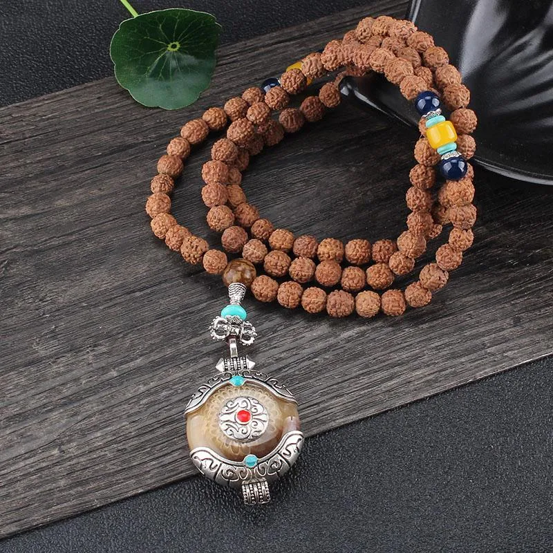 Collane con ciondolo 8mm Collana con perline Rudraksha Elefante Occhio Dzi Fatti a mano Nepal Buddismo tibetano Yoga Guarigione Mala Gioielli