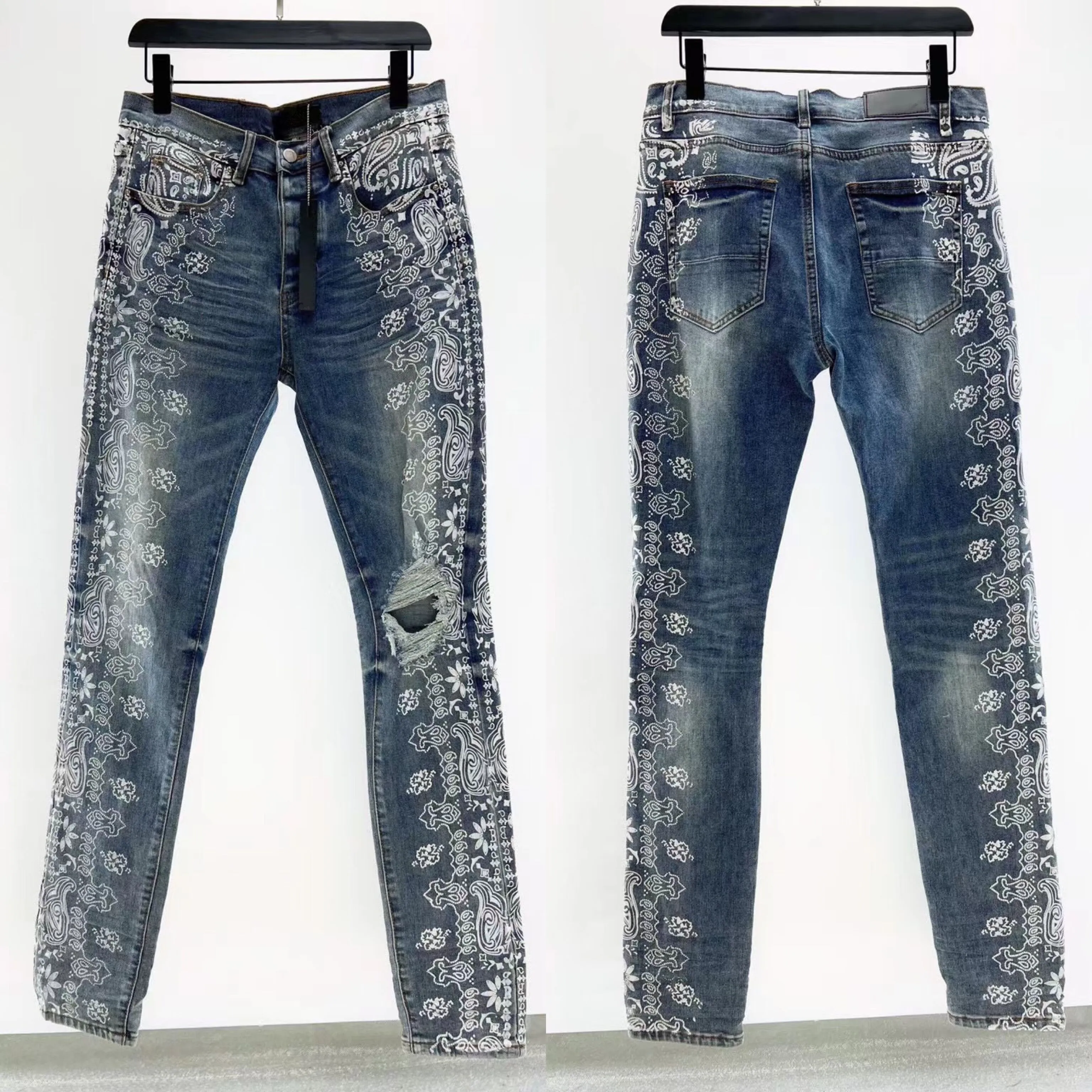 Lyx Designers Jeans distressed jean Raka Herrblommor tryck Stretch Denim Casual Jean Herr Skinny Byxor Elasticit