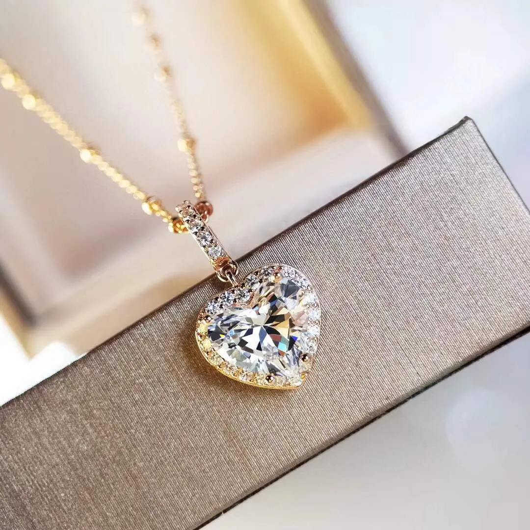 Luxury 925 Sterling Silver Crystal Ocean Heart Necklace Gold Plated Zircon Pendant Wedding Jewelry Ladies Clavicle Chain Choker