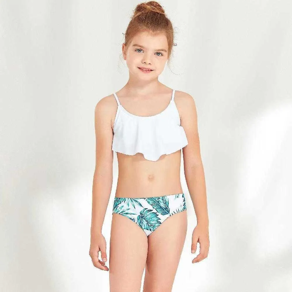 Bikini split per bambini foglie arruffate a due pezzi Foglie floreali costume da bagno fresco per