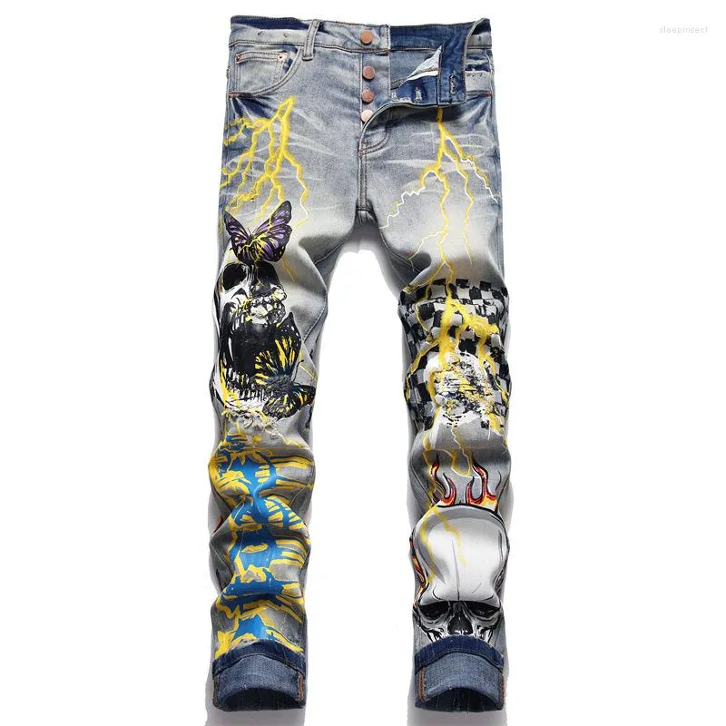 Jeans masculinos vendendo punk motocicleta rua esqueleto grafite de grafite impresso Leggings jeans de jeans no outono de 2023