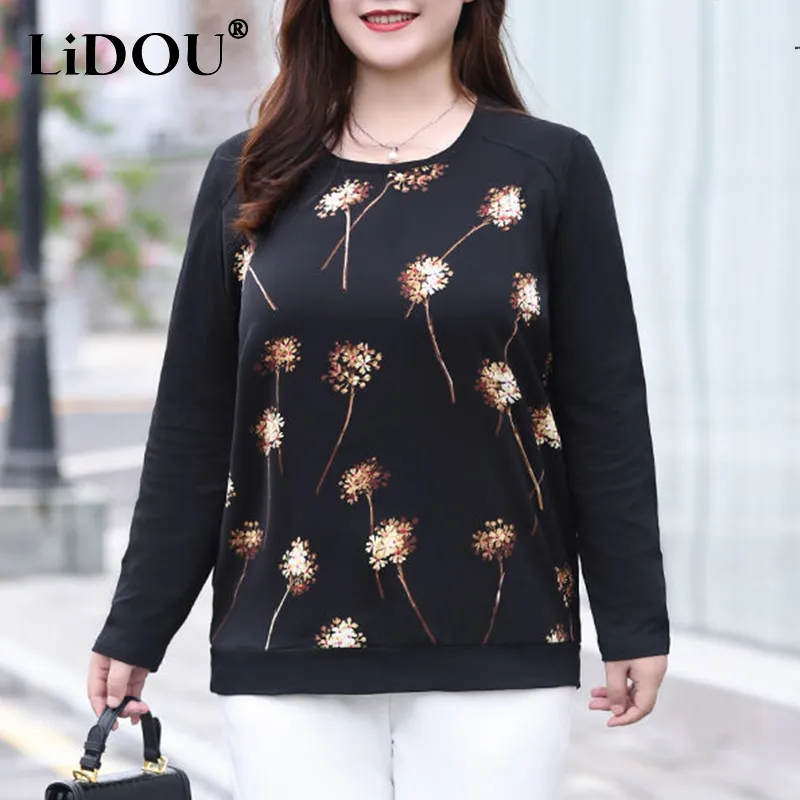 Women's Plus Size T-Shirt Autumn Print Black Elegant Fashion Plus Size T-shirts for Women Long Sleeve Casual Lady Tops All Match Aesthetic Female Clothes 230215