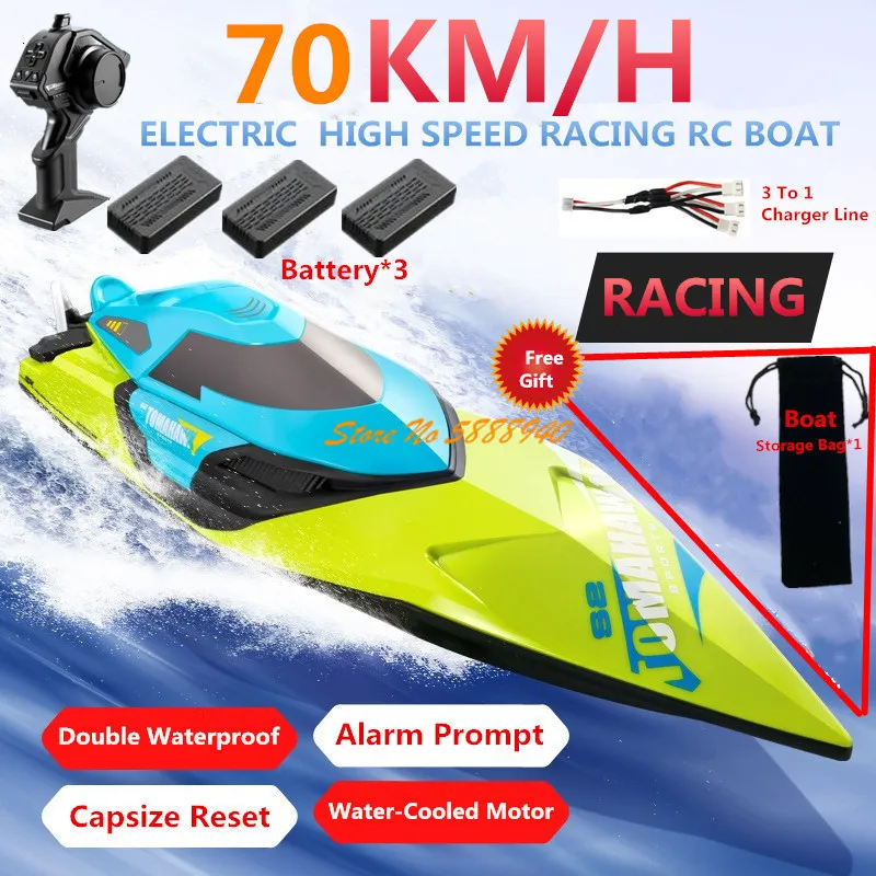Elektriska/RC -båtar 70 km/h dubbelvattentät elektrisk RC High Speed ​​Racing Boats 200m 50 cm Vattensensor Capsize Återställ fjärrkontroll Snabbbåt Toys 230214
