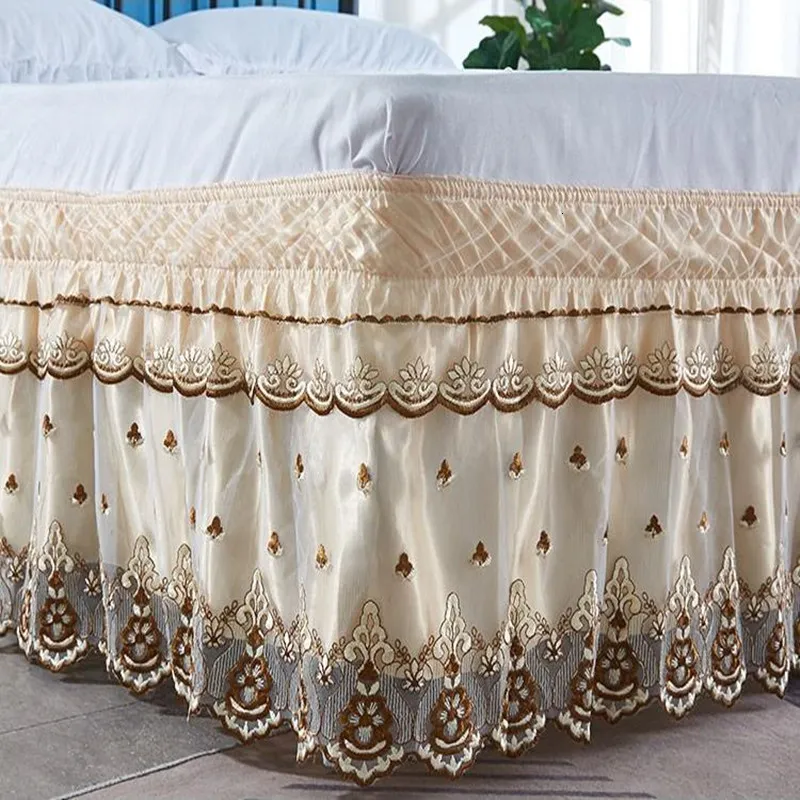 Bed Skirt Top Selling Delicate Double Layers Luxury Stereoscopic Embroidered Flowers Lace Ruffle Bed Skirts with Strong Elastic Belt 230214