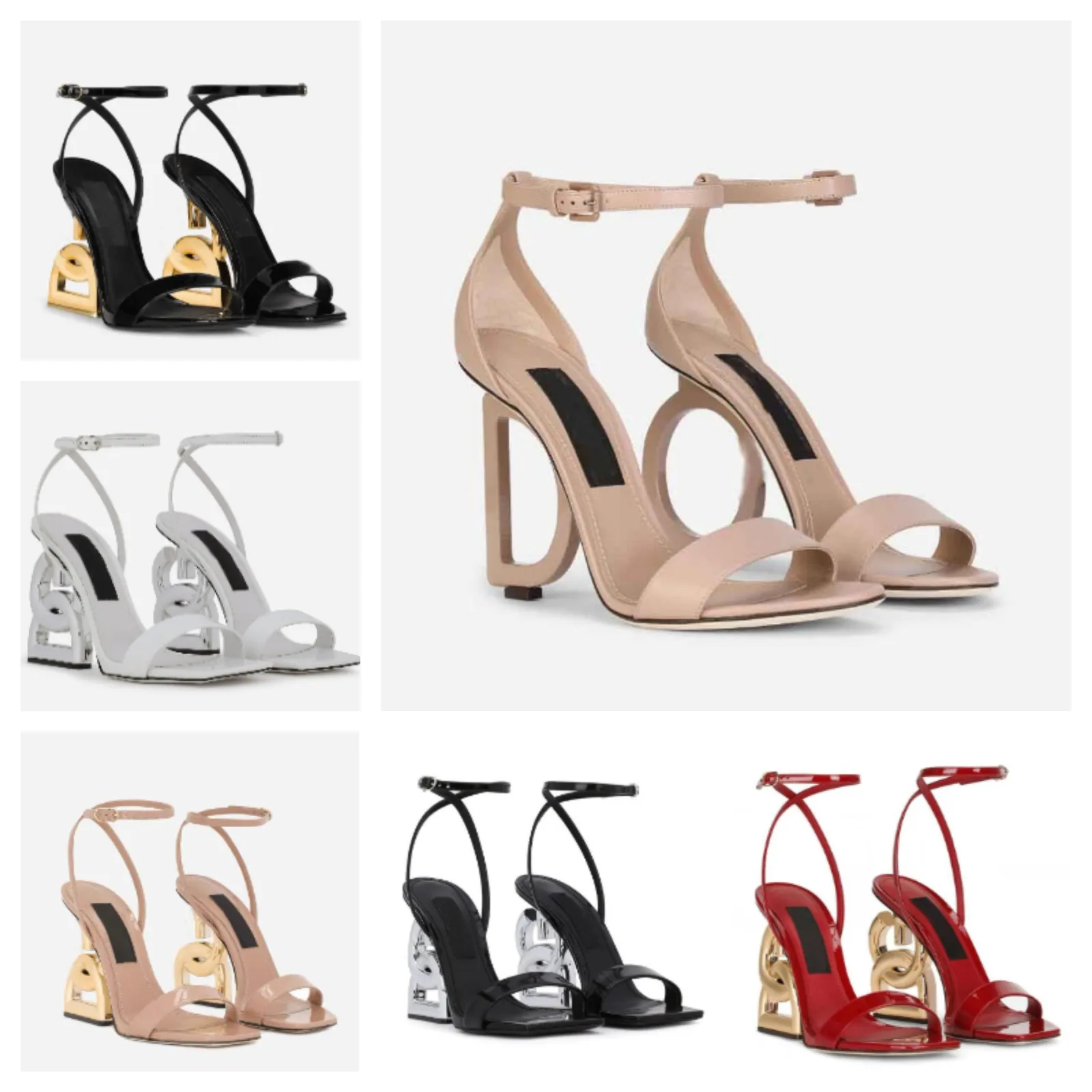 2023 Mode Été Marques De Luxe En Cuir Verni Sandales Chaussures Femmes Pop Talon Plaqué Or Carbone Nu Noir Rouge Pompes Gladiateur Sandalias Chaussure Avec Boîte EU35-43