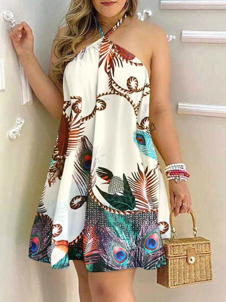 Peacock Halter Backless Sleeveless Halter Dress - Casual Print for Women's Summer Wear (T2)