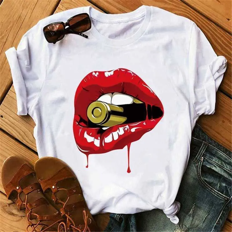 Plus Size 3xl 4xl Casual Women T-shirt New Tops Ladies Short Sleeve Loose Lips Print clothing