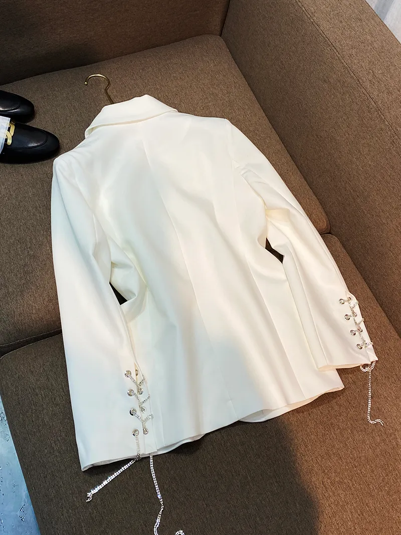 2023 Spring White Solid Color Pin Chains Blazers Long Sleeve Notched-Lapel Single-Breasted Loose Outwear Coats D3F150428