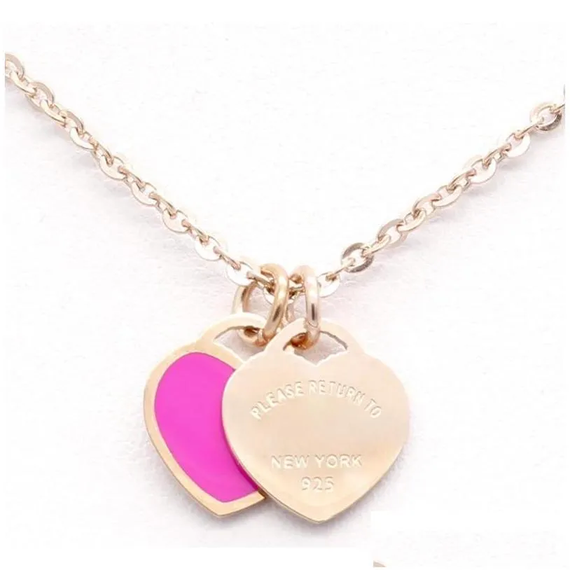 design brand heart love necklace for women stainless steel accessories zircon green pink women jewelry gift