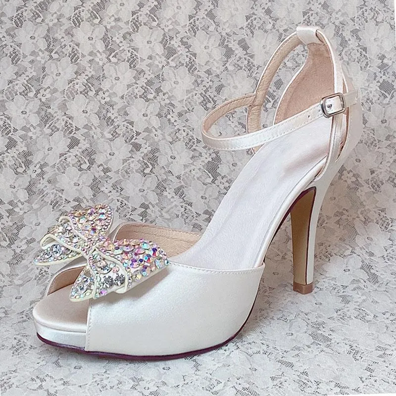 Sandalen Wedopus Wedding Platform met Heel Peep Toe Customized Crystal Bow