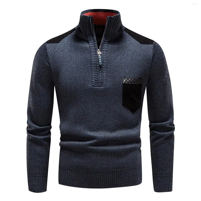 メンズセーター冬のメンズフリース厚いセーター品質の男性スリムニットウールトップ半分ジッパータートルネックウォームプルオーバー