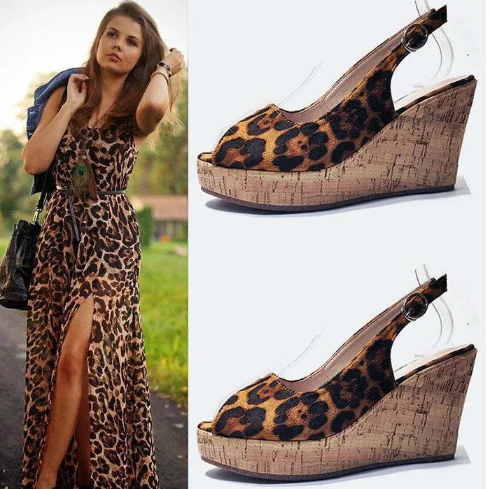 Sandals Eagsity Leopard Suede Plataforma Mulheres cunhas Peep dedo do pé torno