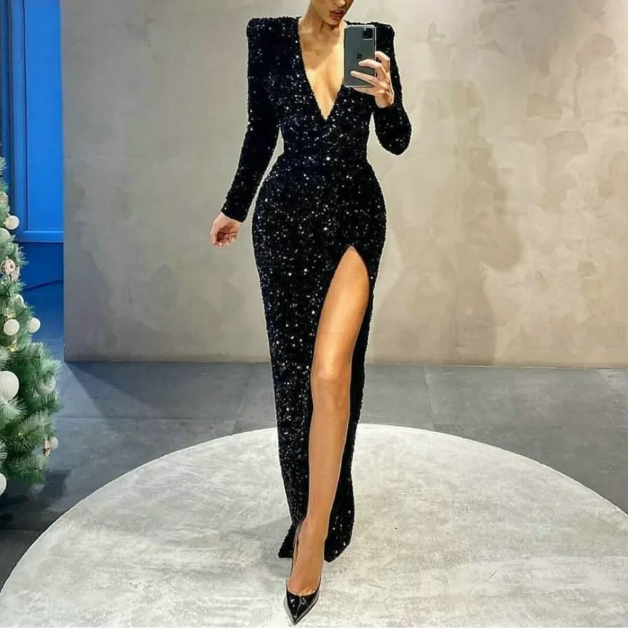 Long Sleeve V Neck Stretch Sparkle Sequin Party Dress Floor Length Mermaid  Split Club Dress Black Burgundy - AliExpress