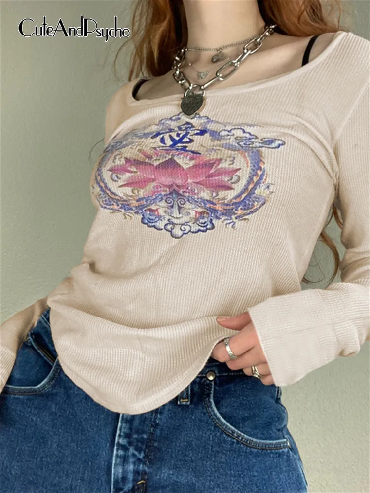 Kvinnors t-shirt retro grafiskt tryck grunge tshirts y2k fairycore estetiska chic kläder harajuku crewneck mode söt vintage topp cuteandpsycho 230215