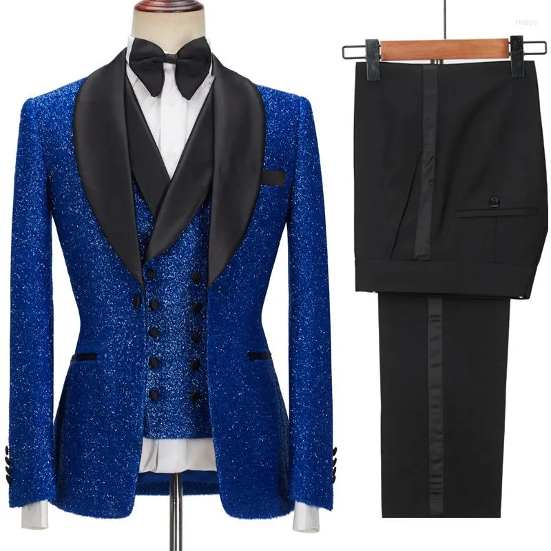 Costumes pour hommes brillants hommes Slim Fit pour mariage bal 3 pièces marié Tuxedos noir châle revers personnalisé marié porter Blazer gilet pantalon