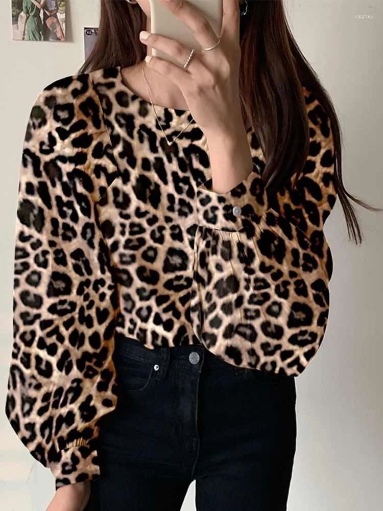 Blusas para mujer, camisa para mujer 2023 VONDA, Blusa con estampado de leopardo para mujer, Blusa informal de manga larga con cuello redondo, Tops Chemise de gran tamaño