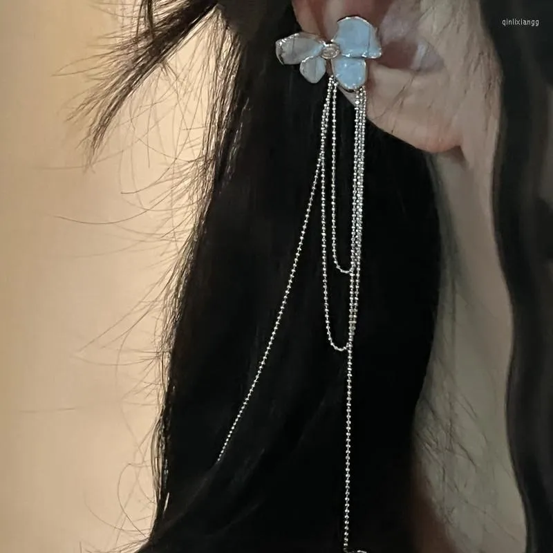 Ryggar örhängen mengjiqiao koreansk mode vit blomma klipp för kvinnor flickor trendiga långa tassel ingen piercing öron manschett smycken gåvor